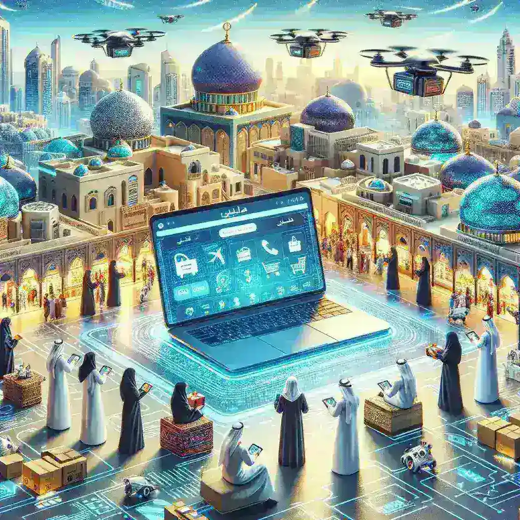 "صورة توضح مستقبل التجارة الإلكترونية في المنطقة العربية، مع التركيز على تأثير التطورات التكنولوجية الحديثة مثل الذكاء الاصطناعي والتسويق الرقمي، مما يعكس الابتكار والنمو في السوق العربي."