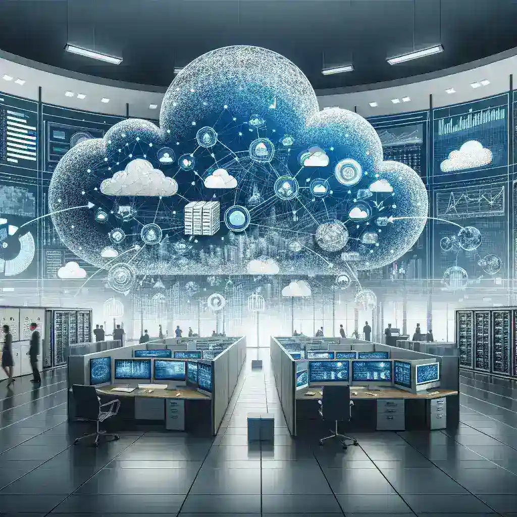 "صورة توضيحية لحلول مراقبة البنية التحتية السحابية متعددة المناطق، تظهر تفاعل التكنولوجيا الحديثة في إدارة البيانات والموارد السحابية، في سياق دليل شامل للشركات العصرية. تشكل الصورة جانبًا مرئيًا للأنظمة المتكاملة والمتطورة في مراقبة الخدمات السحابية."