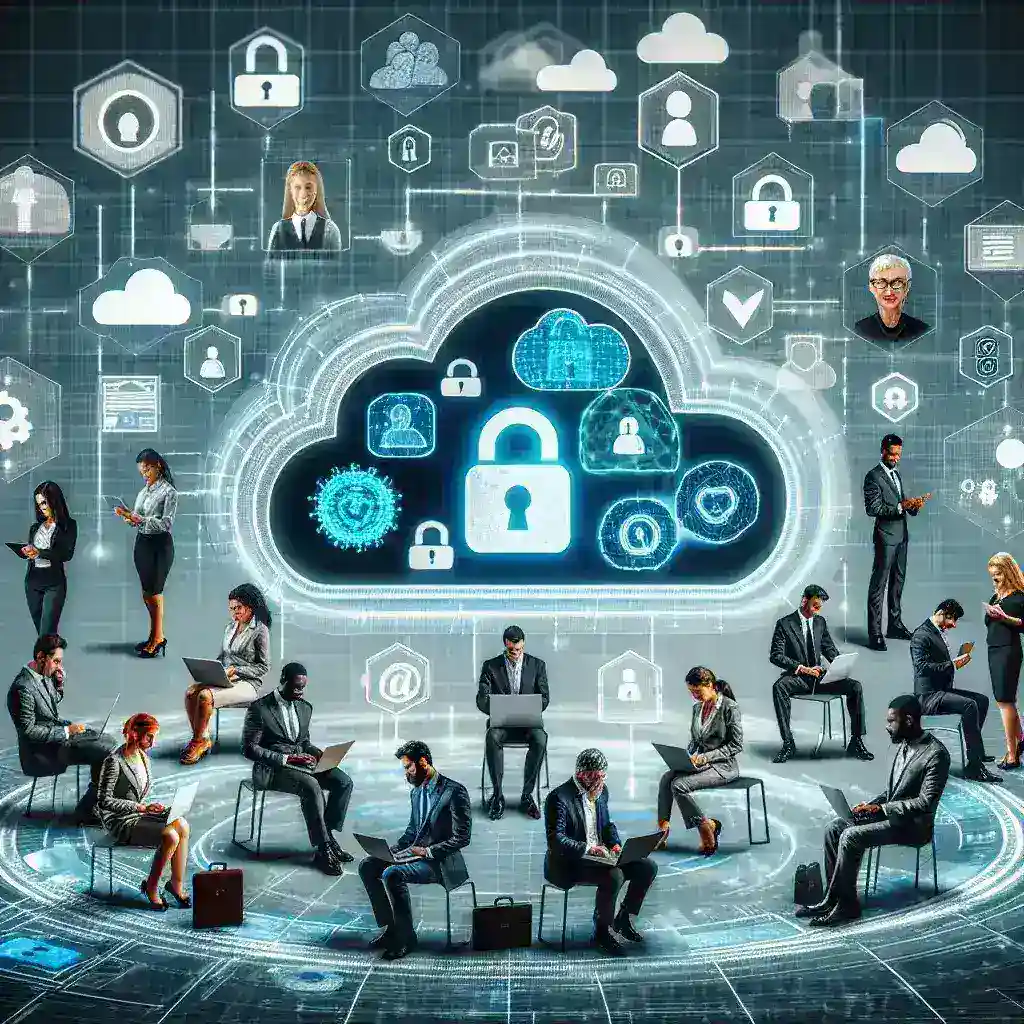 Alt Text: "صورة توضح منصات إدارة الوصول والهوية في البيئات السحابية، مع رسومات بيانية تُبرز طرق حماية المؤسسات الرقمية وتحسين الأمان السيبراني."