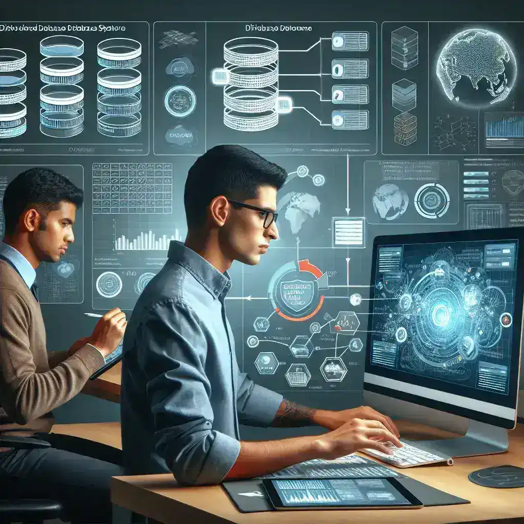 Alt text: "مطور يستخدم أدوات مراقبة قواعد البيانات الموزعة لتحليل الأداء في بيئة متعددة البيانات - دليل شامل للمطورين ومديري البيانات."