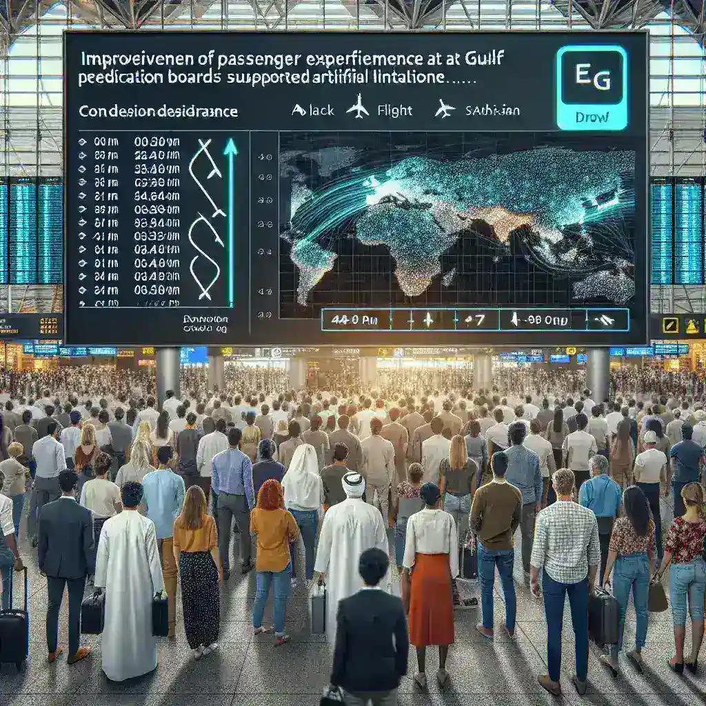 "صورة توضح لوحة توقّع الازدحام المدعومة بالذكاء الصناعي في مطار خليجي، تُظهر كيفية تحسين تجربة التنقل للمسافرين من خلال تقديم معلومات دقيقة حول الازدحام في الوقت الفعلي."