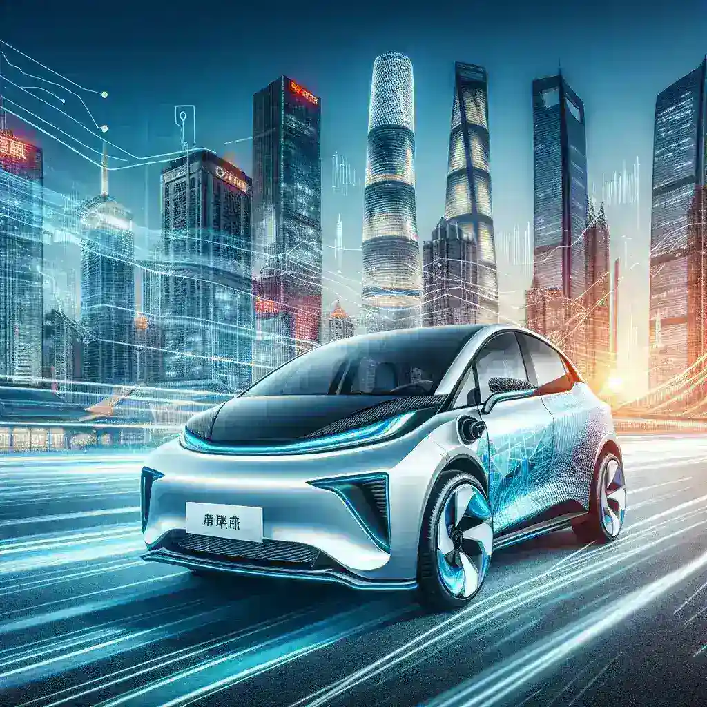 Alt text: "سيارة كهربائية جديدة مبتكرة من الصين تعرض في معرض، مع موزع محلي يتحدث عن الميزات والتكنولوجيا المتقدمة وراء الابتكار، في إطار التعاون بين الشركات الصينية والأسواق الإقليمية."